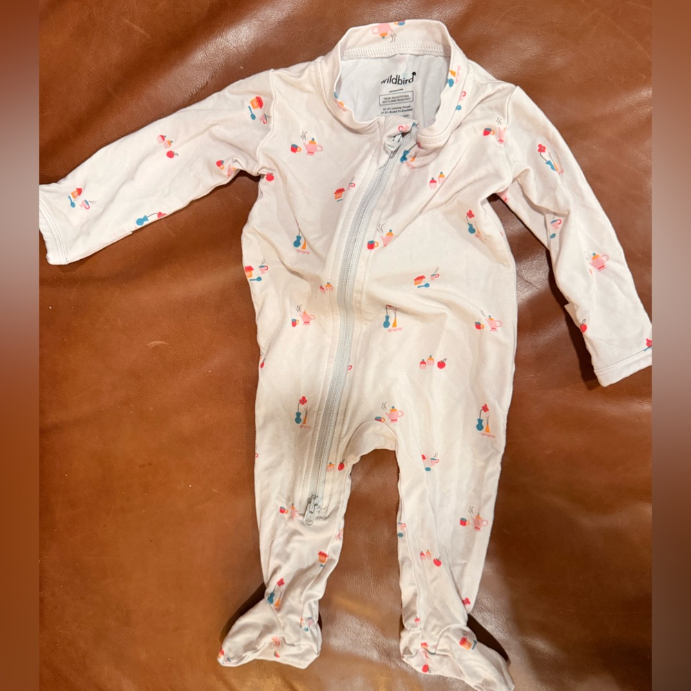WildBird Cream Baby Onesie with Colorful Teapot Print